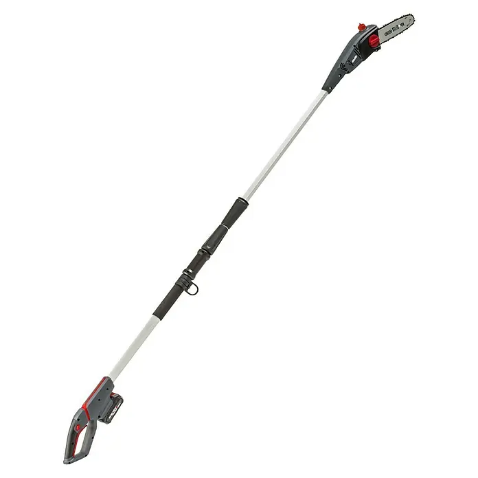 AL-KO 18V/36V Akku-Hochentaster CSAD 1820 - 18 V, 1 Akku, Schwertlänge: 20 cm, Länge Stiel: 210 cm - 260 cm - Das Bild zeigt eine Akku-betriebene Hochentaster, ein nützliches Gartengerät für Baumschnittarbeiten in der Höhe. Das Gerät ist mit einem Teleskopstiel ausgestattet.