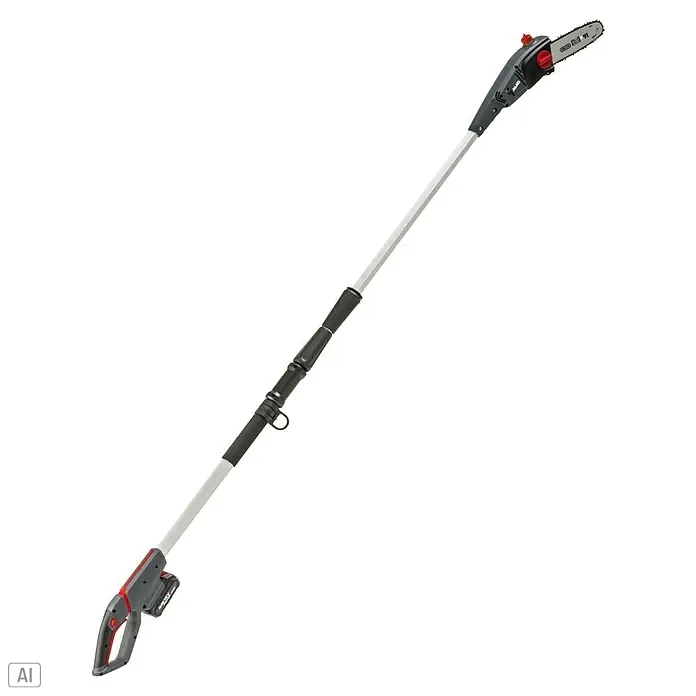 AL-KO 18V/36V Akku-Hochentaster CSAD 1820 - 18 V, 1 Akku, Schwertlänge: 20 cm, Länge Stiel: 210 cm - 260 cm - Das Bild zeigt eine Akku-betriebene Hochentaster, ein nützliches Gartengerät für Baumschnittarbeiten in der Höhe. Das Gerät ist mit einem Teleskopstiel ausgestattet.