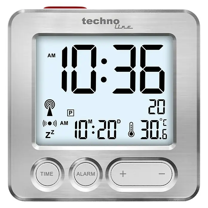 Technoline Funkwecker WT265 - Digitales Display, Batteriebetrieben, Silber/Schwarz, 2,1 x 6,6 x 6,6 cm - Digitaler Wecker von Techno Line mit Anzeige von Uhrzeit, Datum und Temperatur für einen einfachen Überblick.