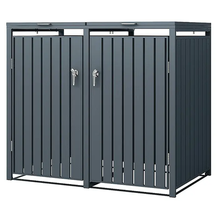 ML-Design Mülltonnenbox Mülltonnencontainer mit Klappdeckel/Tür für 2 Tonne 120 oder 240 Liter - Stahl, Anthrazit, Geeignet für Anzahl Mülltonnen: 2 Stk. - Eine moderne, graue Doppel-Mülltonnenbox aus Metall, ideal für die diskrete Aufbewahrung von Abfallbehältern im Außenbereich.