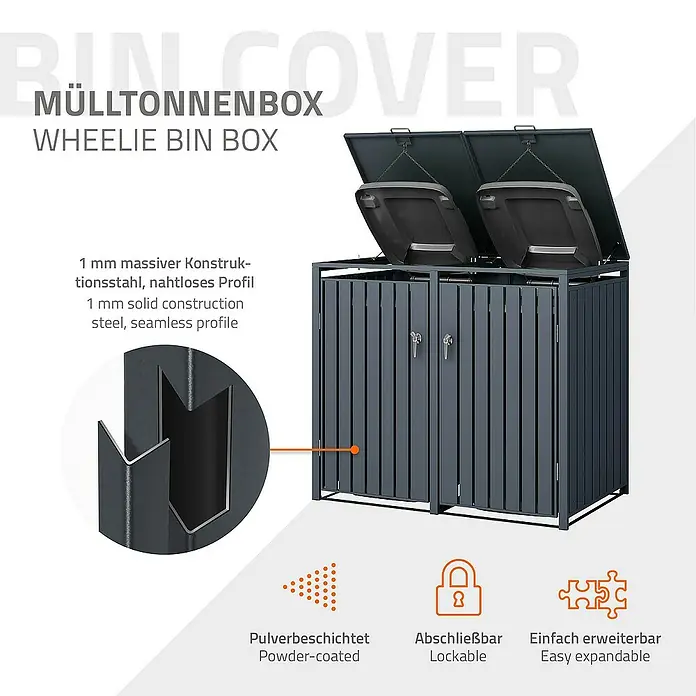 ML-Design Mülltonnenbox Mülltonnencontainer mit Klappdeckel/Tür für 2 Tonne 120 oder 240 Liter - Stahl, Anthrazit, Geeignet für Anzahl Mülltonnen: 2 Stk. - Bild einer Mülltonnenbox aus massivem Stahl mit nahtlosem Profil, pulverbeschichtet, abschließbar und erweiterbar.