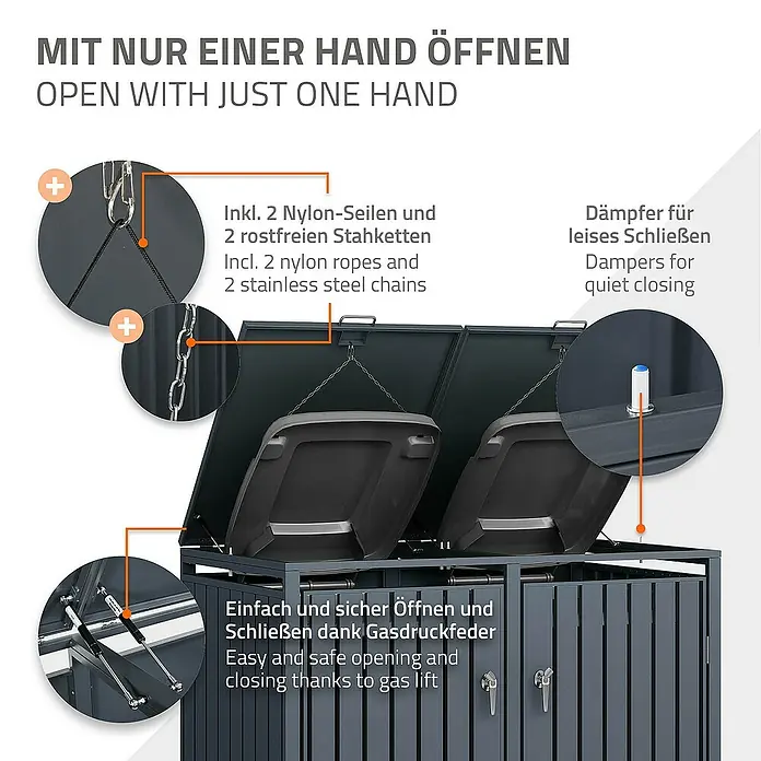 ML-Design Mülltonnenbox Mülltonnencontainer mit Klappdeckel/Tür für 2 Tonne 120 oder 240 Liter - Stahl, Anthrazit, Geeignet für Anzahl Mülltonnen: 2 Stk. - Mülltonnenbox mit Gasdruckfeder und Dämpfern für leises Schließen, einfache Handhabung und robustes Design.