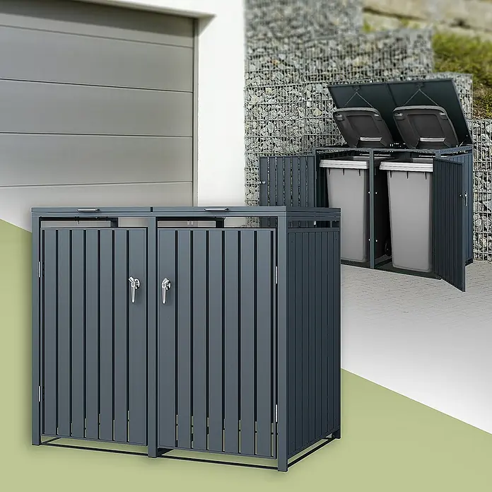 ML-Design Mülltonnenbox Mülltonnencontainer mit Klappdeckel/Tür für 2 Tonne 120 oder 240 Liter - Stahl, Anthrazit, Geeignet für Anzahl Mülltonnen: 2 Stk. - Metall-Mülltonnenboxen: Die perfekte Lösung zur stilvollen Aufbewahrung von Abfallbehältern im Außenbereich. Robust, langlebig und wetterfest.
