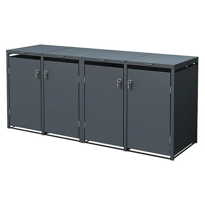ML-Design Mülltonnenbox Mülltonnencontainer mit Klappdeckel/Tür für 4 Tonne 120 oder 240 Liter - Stahl, Anthrazit, Geeignet für Anzahl Mülltonnen: 2 Stk. - Bild eines grauen Mülltonnenbox mit drei Fächern und abschließbaren Türen. Ideal für die stilvolle Aufbewahrung von Mülltonnen im Außenbereich.