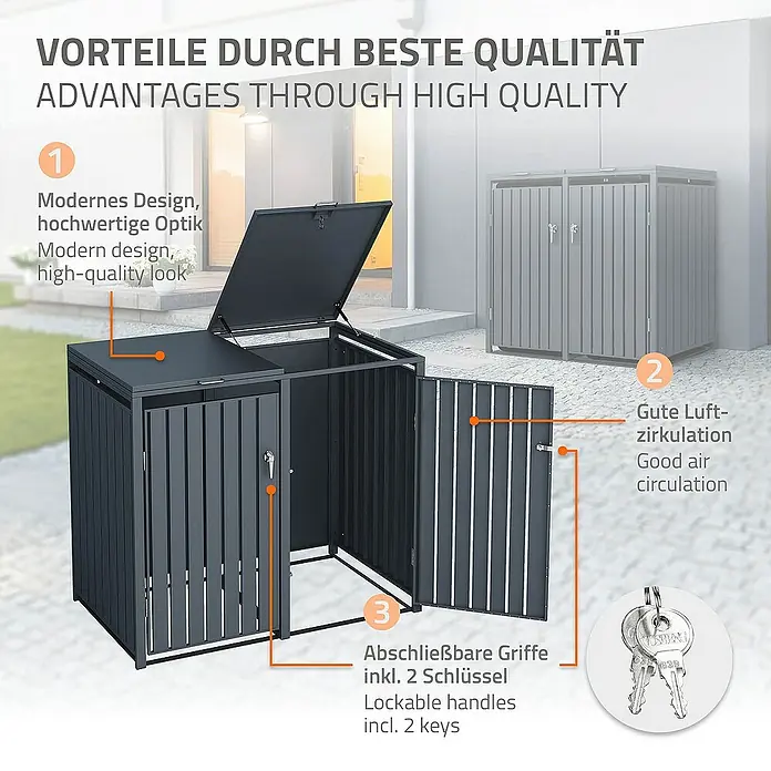 ML-Design Mülltonnenbox Mülltonnencontainer mit Klappdeckel/Tür für 4 Tonne 120 oder 240 Liter - Stahl, Anthrazit, Geeignet für Anzahl Mülltonnen: 4 Stk. - Mülltonnenbox für zwei Tonnen mit abschließbaren Griffen, guter Luftzirkulation und modernem Design für den Außenbereich.