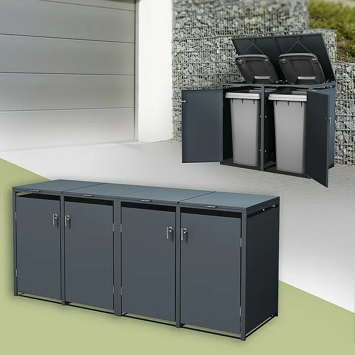 ML-Design Mülltonnenbox Mülltonnencontainer mit Klappdeckel/Tür für 4 Tonne 120 oder 240 Liter - Stahl, Anthrazit, Geeignet für Anzahl Mülltonnen: 2 Stk. - Mülltonnenboxen in verschiedenen Ausführungen. Eine Box für die Wandmontage und eine Gruppe aus vier Boxen für den Boden.