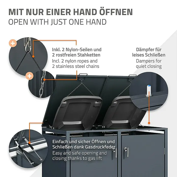 ML-Design Mülltonnenbox Mülltonnencontainer mit Klappdeckel/Tür für 4 Tonne 120 oder 240 Liter - Stahl, Anthrazit, Geeignet für Anzahl Mülltonnen: 2 Stk. - Mülltonnenbox mit Gasdruckfeder und Dämpfern für leises Schliessen. Inkl. Nylon-Seilen und rostfreien Stahlketten.