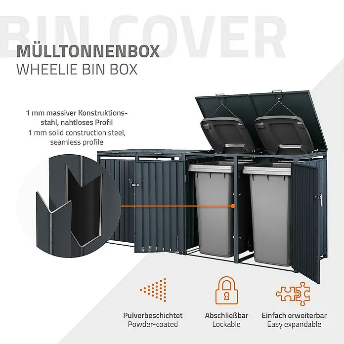 ML-Design Mülltonnenbox Mülltonnencontainer mit Klappdeckel/Tür für 4 Tonne 120 oder 240 Liter - Stahl, Anthrazit, Geeignet für Anzahl Mülltonnen: 4 Stk. - Mülltonnenbox aus pulverbeschichtetem Stahl. Abschließbar und einfach erweiterbar für die stilvolle Mülltonnenaufbewahrung.