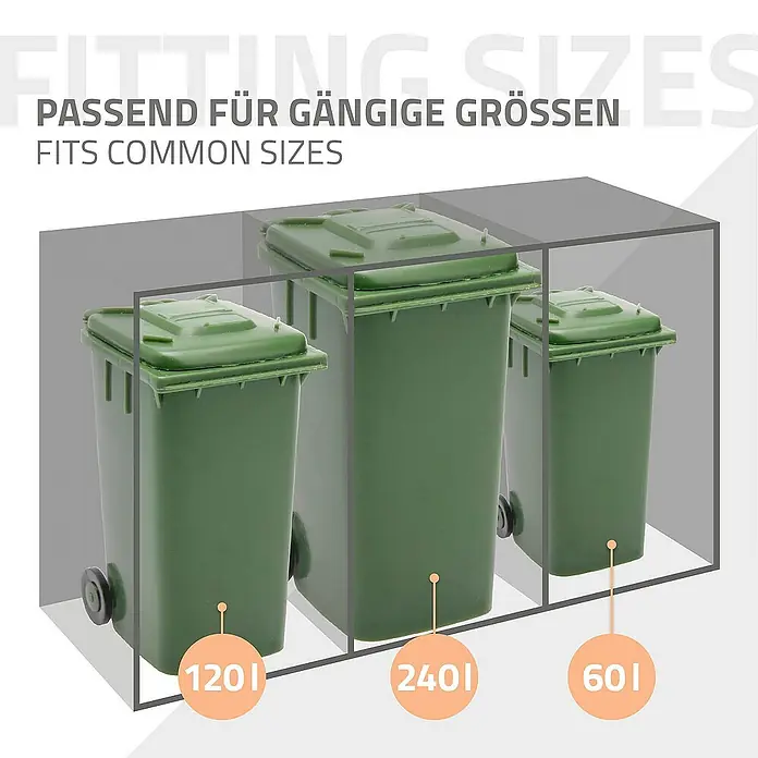 ML-Design Mülltonnenbox Mülltonnencontainer mit Klappdeckel/Tür für 4 Tonne 120 oder 240 Liter - Stahl, Anthrazit, Geeignet für Anzahl Mülltonnen: 4 Stk. - Darstellung von Abfalltonnen in verschiedenen Größen (120 l, 240 l, 60 l), passend für gängige Größen.