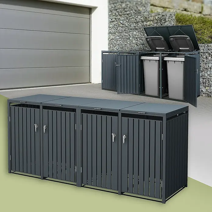 ML-Design Mülltonnenbox Mülltonnencontainer mit Klappdeckel/Tür für 4 Tonne 120 oder 240 Liter - Stahl, Anthrazit, Geeignet für Anzahl Mülltonnen: 4 Stk. - Mülltonnenboxen für den Außenbereich. Die Boxen sind aus Metall und bieten Platz für mehrere Mülltonnen.