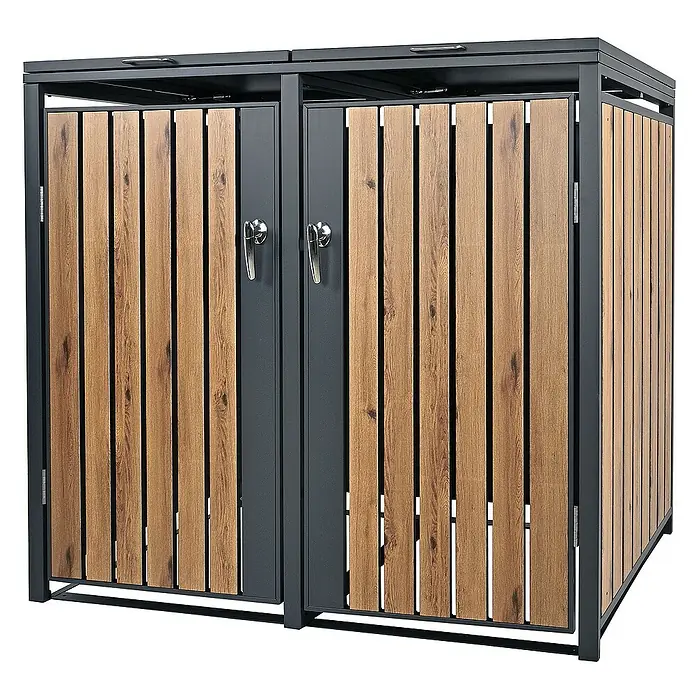 ML-Design Mülltonnenbox Mülltonnencontainer mit Klappdeckel/Tür für 2 Tonne 120 oder 240 Liter - Stahl, Anthrazit, Braun, Geeignet für Anzahl Mülltonnen: 2 Stk. - Eine moderne, doppelwandige Mülltonnenbox mit Holzverkleidung und abschließbaren Türen für den Außenbereich.