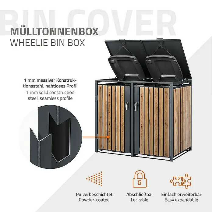 ML-Design Mülltonnenbox Mülltonnencontainer mit Klappdeckel/Tür für 2 Tonne 120 oder 240 Liter - Stahl, Anthrazit, Braun, Geeignet für Anzahl Mülltonnen: 2 Stk. - Bild einer doppelten Mülltonnenbox mit Holzverkleidung und solidem Stahlrahmen, pulverbeschichtet und abschließbar.