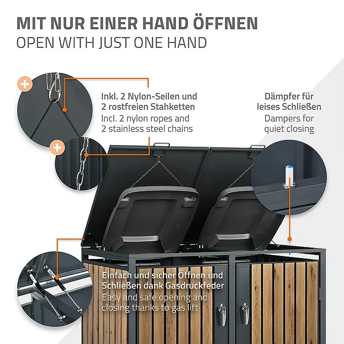 ML-Design Mülltonnenbox Mülltonnencontainer mit Klappdeckel/Tür für 2 Tonne 120 oder 240 Liter - Stahl, Anthrazit, Braun, Geeignet für Anzahl Mülltonnen: 2 Stk. - Bild eines Mülltonnenbox mit Gasdruckfeder und Dämpfern für leises Schließen und Ketten zur einfachen Deckelöffnung.