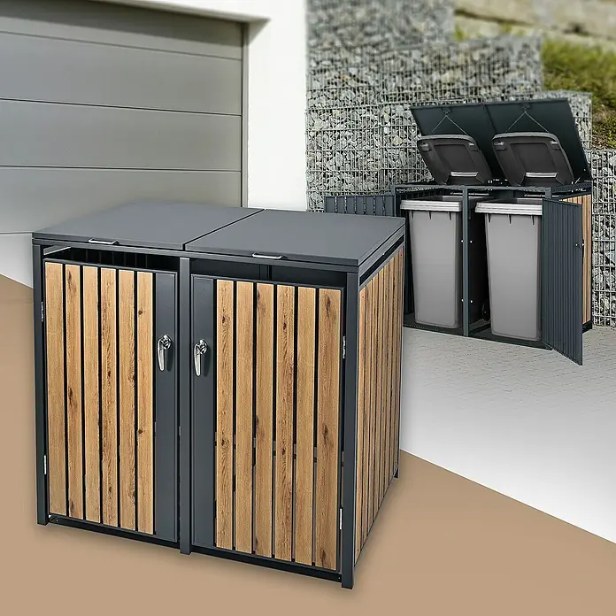 ML-Design Mülltonnenbox Mülltonnencontainer mit Klappdeckel/Tür für 2 Tonne 120 oder 240 Liter - Stahl, Anthrazit, Braun, Geeignet für Anzahl Mülltonnen: 2 Stk. - Zwei graue und holzfarbene Mülltonnenboxen stehen vor einer Wand. Sie bieten eine stilvolle Lösung für die Müllentsorgung im Außenbereich.