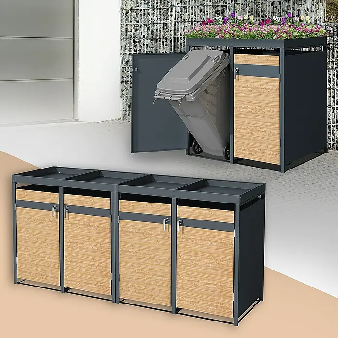ML-Design Mülltonnenbox für 4 Tonne 240L Anthrazit, Lärchenoptik mit Pflanzdach - Stahl, Anthrazit, Hellbraun, Geeignet für Anzahl Mülltonnen: 4 Stk. - Mülltonnenboxen mit Holztüren und Bepflanzung auf einer Terrasse. Die Boxen sind wetterfest und bieten eine stilvolle Lösung für die Müllentsorgung.