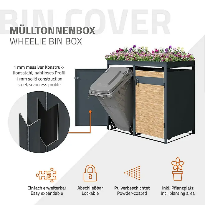 ML-Design Mülltonnenbox für 4 Tonne 240L Anthrazit, Lärchenoptik mit Pflanzdach - Stahl, Anthrazit, Hellbraun, Geeignet für Anzahl Mülltonnen: 4 Stk. - Bild einer grauen Mülltonnenbox mit Pflanzkasten auf der Oberseite, die eine geöffnete Tür und eine Mülltonne zeigt.