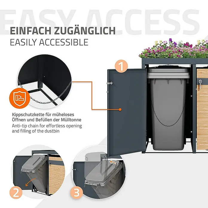 ML-Design Mülltonnenbox für 4 Tonne 240L Anthrazit, Lärchenoptik mit Pflanzdach - Stahl, Anthrazit, Hellbraun, Geeignet für Anzahl Mülltonnen: 4 Stk. - Das Bild zeigt einen Mülltonnenschrank mit einfacher Zugänglichkeit, inklusive Kippschutzketten und detaillierten Anweisungen.