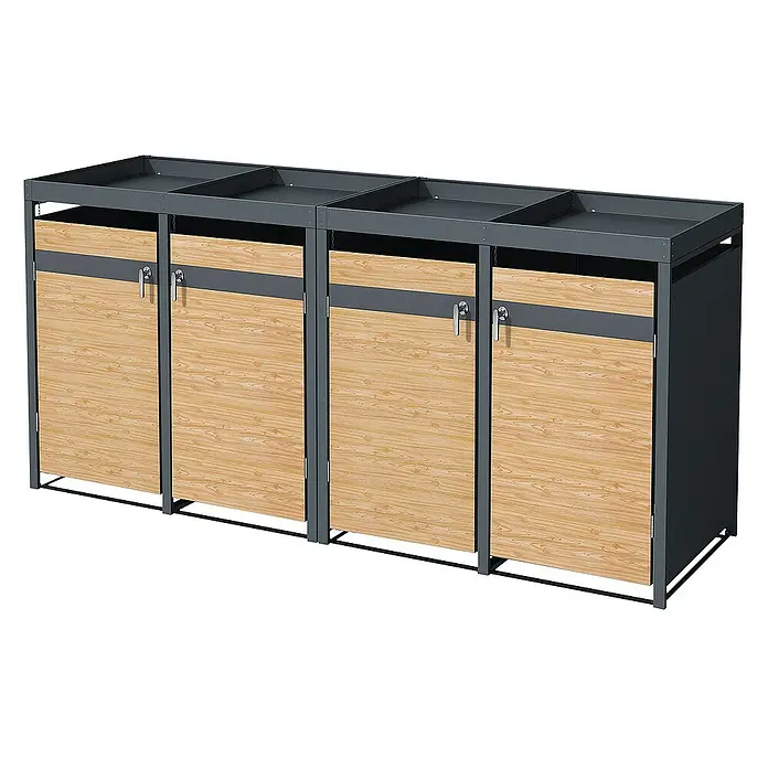 ML-Design Mülltonnenbox für 4 Tonne 240L Anthrazit, Lärchenoptik mit Pflanzdach - Stahl, Anthrazit, Hellbraun, Geeignet für Anzahl Mülltonnen: 4 Stk. - Produktansicht eines Möbels mit Holzfronten und Metallrahmen, ideal für die stilvolle Aufbewahrung.