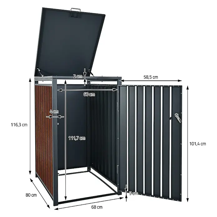 ML-Design Mülltonnenbox Mülltonnencontainer mit Klappdeckel/Tür für 3 Tonne 120 oder 240 Liter - 80 x 80 cm, Stahl, Anthrazit, Rot-Braun, Geeignet für Anzahl Mülltonnen: 3 Stk. - Mülltonnenbox für den Außenbereich, zur Aufbewahrung von Abfallbehältern, mit Holzverkleidung und den Maßen 116,3 x 68 x 80 cm.