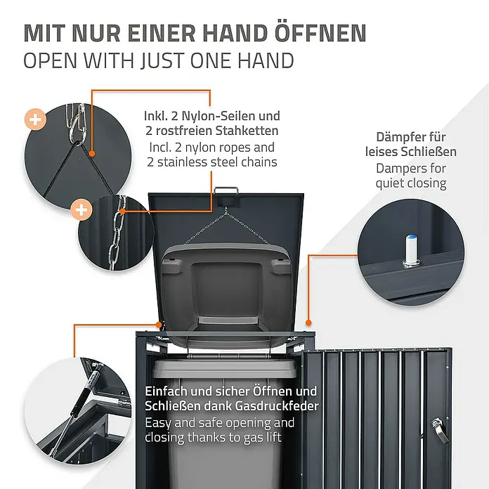 ML-Design Mülltonnenbox Mülltonnencontainer mit Klappdeckel/Tür für 3 Tonne 120 oder 240 Liter - 80 x 80 cm, Stahl, Anthrazit, Rot-Braun, Geeignet für Anzahl Mülltonnen: 3 Stk. - Produktbild mit Details zu den Funktionen, einschließlich einhändiges Öffnen, geräuschloses Schließen und Gasdruckfederunterstützung.