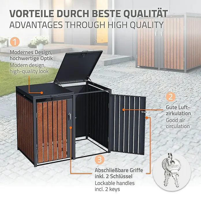 ML-Design Mülltonnenbox Mülltonnencontainer mit Klappdeckel/Tür für 3 Tonne 120 oder 240 Liter - 80 x 80 cm, Stahl, Anthrazit, Rot-Braun, Geeignet für Anzahl Mülltonnen: 3 Stk. - Bild einer modernen Mülltonnenbox mit Holzverkleidung, die durch ihr abschließbares Design und die gute Luftzirkulation überzeugt.