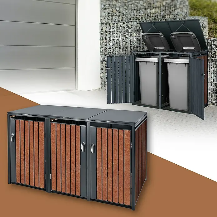 ML-Design Mülltonnenbox Mülltonnencontainer mit Klappdeckel/Tür für 3 Tonne 120 oder 240 Liter - 80 x 80 cm, Stahl, Anthrazit, Rot-Braun, Geeignet für Anzahl Mülltonnen: 3 Stk. - Die Mülltonnenbox bietet eine stilvolle Aufbewahrung für Mülltonnen im Außenbereich, gefertigt aus robustem Metall und Holz.