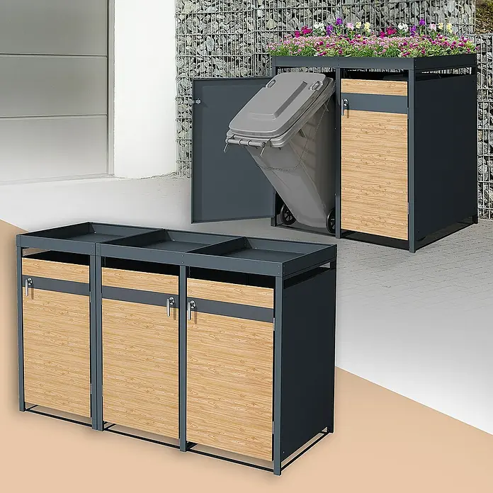 ML-Design Mülltonnenbox für 3 Tonne 240L Anthrazit, Lärchenoptik mit Pflanzdach - Stahl, Anthrazit, Hellbraun, Geeignet für Anzahl Mülltonnen: 3 Stk. - Mülltonnenboxen aus Metall und Holz mit Pflanzkasten, die eine stilvolle und praktische Lösung für die Müllentsorgung bieten.