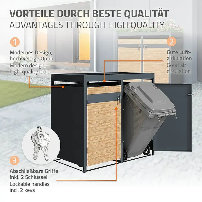 ML-Design Mülltonnenbox für 3 Tonne 240L Anthrazit, Lärchenoptik mit Pflanzdach - Stahl, Anthrazit, Hellbraun, Geeignet für Anzahl Mülltonnen: 3 Stk. - Ein Mülltonnenbox-Set mit abschließbaren Griffen für mehr Komfort, inklusive zweier Schlüssel und guter Luftzirkulation.