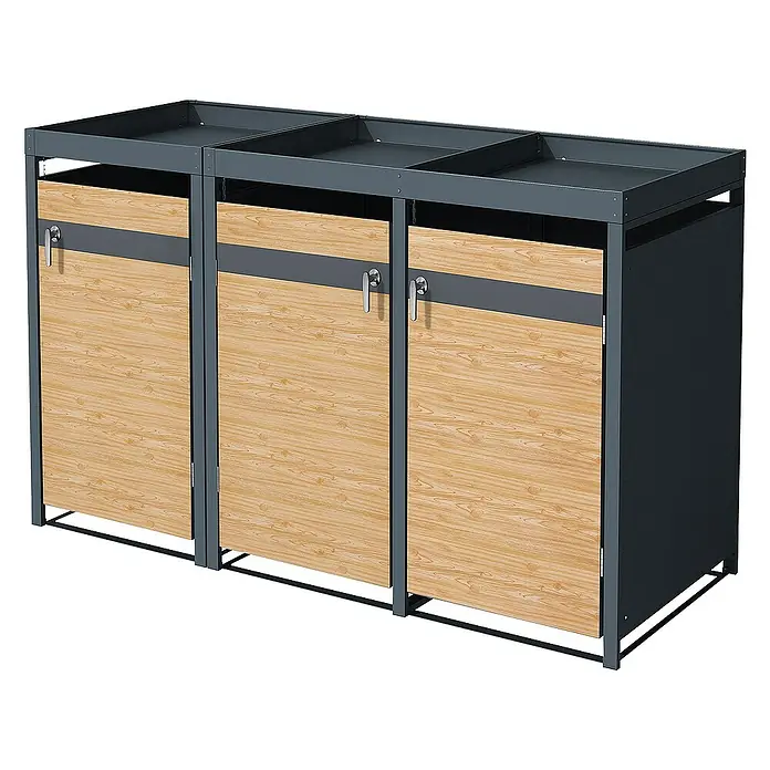 ML-Design Mülltonnenbox für 3 Tonne 240L Anthrazit, Lärchenoptik mit Pflanzdach - Stahl, Anthrazit, Hellbraun, Geeignet für Anzahl Mülltonnen: 3 Stk. - Mülltrennsystem mit drei Fächern. Die Fächer haben Holzfronten und silberne Griffe. Das Gestell ist grau und robust.