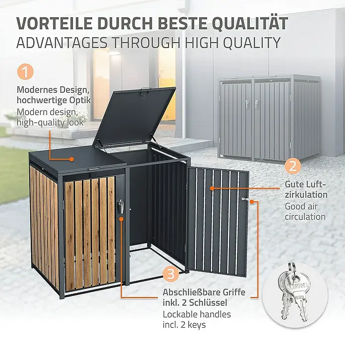 ML-Design Mülltonnenbox Mülltonnencontainer mit Klappdeckel/Tür für 4 Tonne 120 oder 240 Liter - Stahl, Anthrazit, Braun, Geeignet für Anzahl Mülltonnen: 2 Stk. - Das Bild zeigt eine graue Mülltonnenbox mit Holzverkleidung und abschließbaren Griffen, die für eine gute Luftzirkulation sorgt.