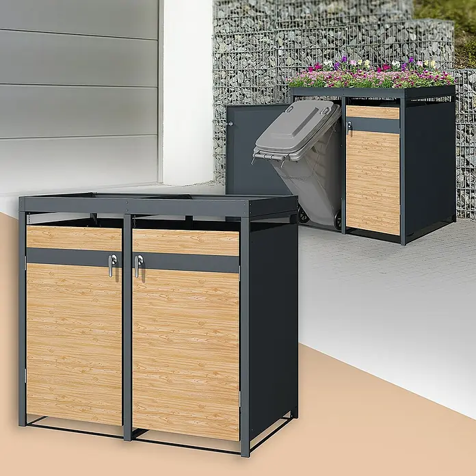ML-Design Mülltonnenbox Mülltonnencontainer mit Klappdeckel/Tür für 2 Tonne 120 oder 240 Liter - Stahl, Anthrazit, Hellbraun, Geeignet für Anzahl Mülltonnen: 2 Stk. - Bild eines Mülltonnenbox-Sets mit Holzfronten und Platz für Bepflanzung auf dem Dach.