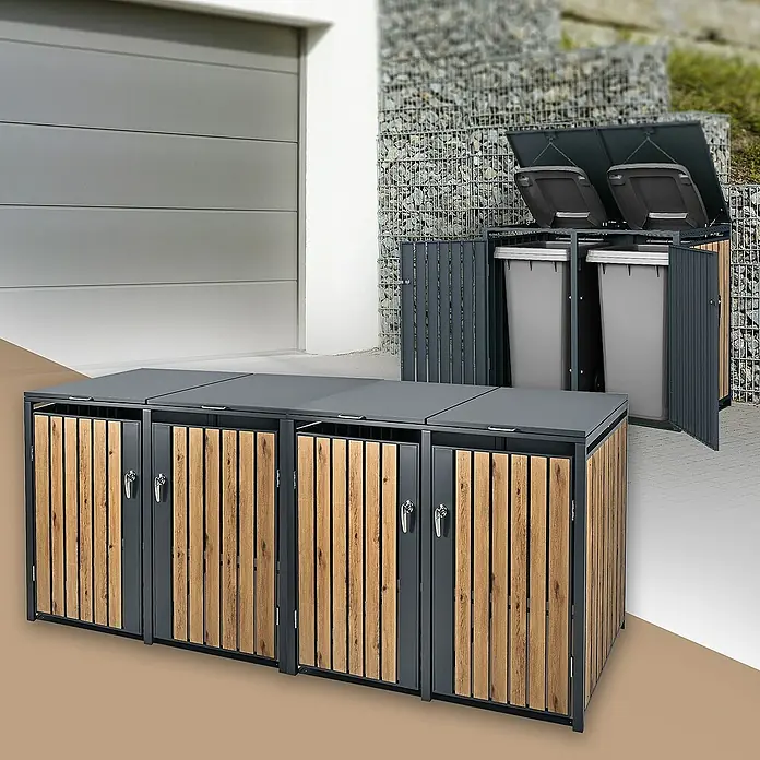 ML-Design Mülltonnenbox Mülltonnencontainer mit Klappdeckel/Tür für 4 Tonne 120 oder 240 Liter - Stahl, Anthrazit, Braun, Geeignet für Anzahl Mülltonnen: 2 Stk. - Mülltonnenbox aus grauem Metall und hellem Holz für drei Mülltonnen im Außenbereich.
