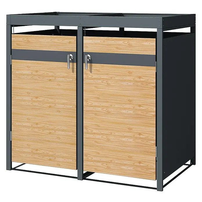 ML-Design Mülltonnenbox Mülltonnencontainer mit Klappdeckel/Tür für 2 Tonne 120 oder 240 Liter - Stahl, Anthrazit, Hellbraun, Geeignet für Anzahl Mülltonnen: 2 Stk. - Mülltonnenbox mit zwei Türen aus Holzdekor und anthrazitfarbenem Rahmen. Die Box ist für den Außenbereich geeignet.