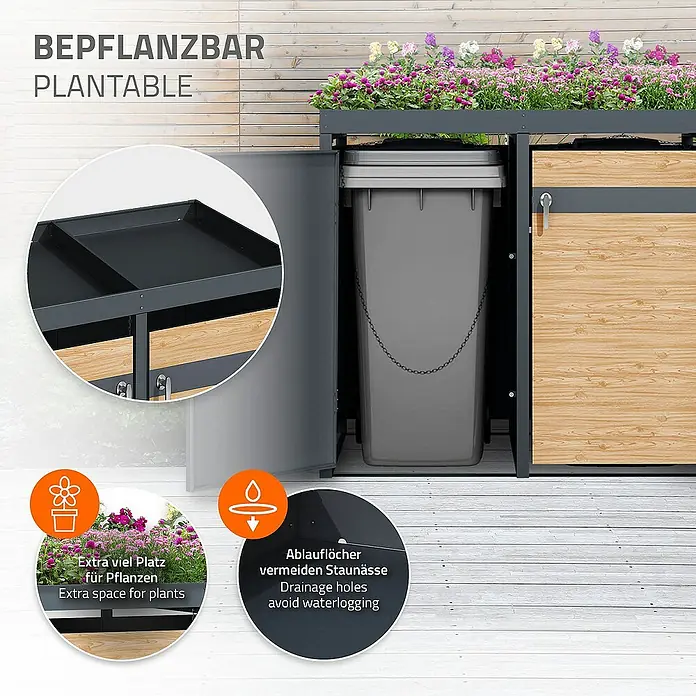 ML-Design Mülltonnenbox Mülltonnencontainer mit Klappdeckel/Tür für 2 Tonne 120 oder 240 Liter - Stahl, Anthrazit, Hellbraun, Geeignet für Anzahl Mülltonnen: 2 Stk. - Das Bild zeigt einen Pflanzbaren Mülltonnenbox mit Pflanzen und Hinweisen zu den Vorteilen wie Drainage.