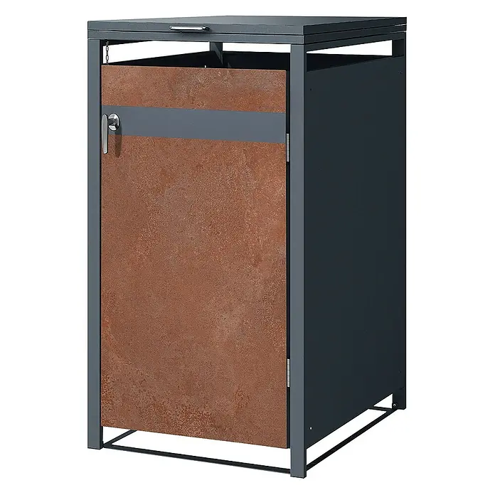 ML-Design Mülltonnenbox Mülltonnencontainer mit Klappdeckel/Tür für 1 Tonne 120 oder 240 Liter - Stahl, Anthrazit, Rot-Braun, Geeignet für Anzahl Mülltonnen: 1 Stk. - Eine stilvolle Mülltonnenbox mit Tür in Rostoptik und grauem Rahmen bietet eine diskrete und ästhetische Lösung zur Mülltonnenaufbewahrung.