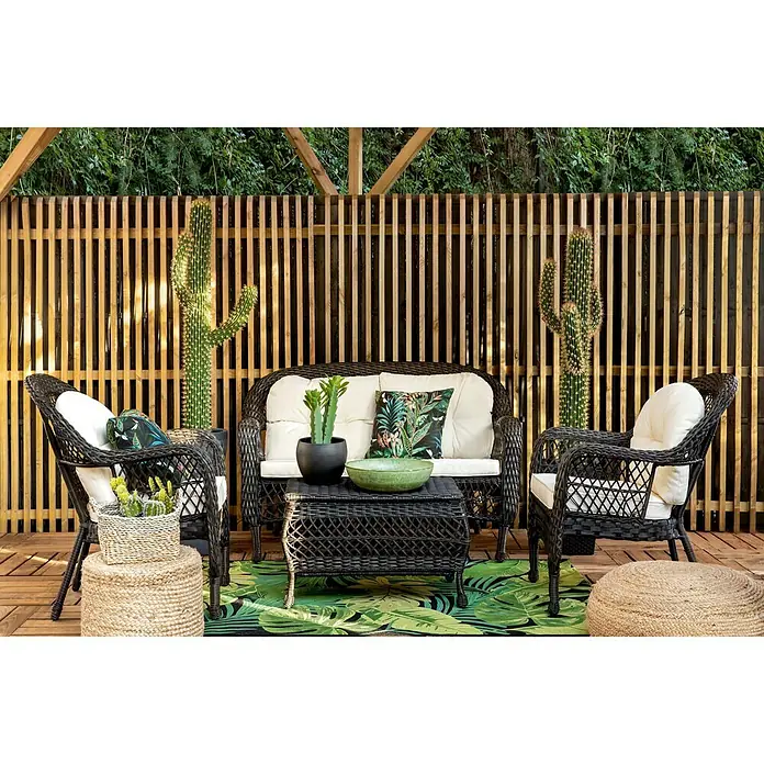 Sunfun Conjunto de muebles Savannah - 4 pzs., Ratán sintético/Acero, Marrón oscuro/Beige - Elegante conjunto de ratán para exterior con sofá, sillones y mesa, perfecto para momentos de relax en el jardín.