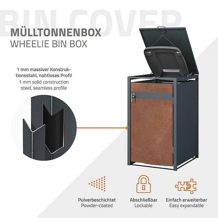 ML-Design Mülltonnenbox Mülltonnencontainer mit Klappdeckel/Tür für 1 Tonne 120 oder 240 Liter - Stahl, Anthrazit, Rot-Braun, Geeignet für Anzahl Mülltonnen: 1 Stk. - Mülltonnenbox aus massivem Stahl mit Pulverbeschichtung. Abschließbar und einfach erweiterbar für zusätzlichen Komfort.