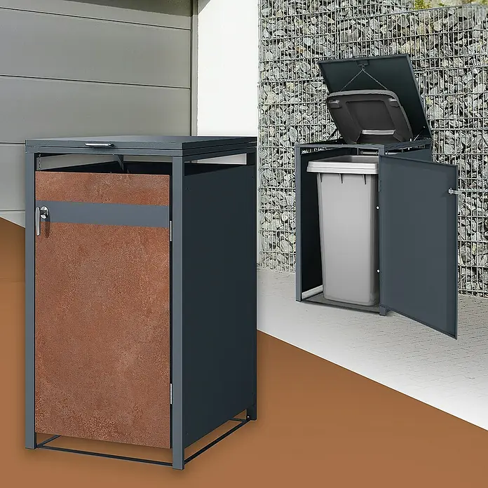 ML-Design Mülltonnenbox Mülltonnencontainer mit Klappdeckel/Tür für 1 Tonne 120 oder 240 Liter - Stahl, Anthrazit, Rot-Braun, Geeignet für Anzahl Mülltonnen: 1 Stk. - Zwei Mülltonnenboxen zur stilvollen Aufbewahrung von Mülltonnen im Freien.