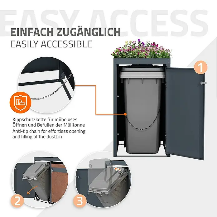 ML-Design Mülltonnenbox für 1 Tonne 240L Anthrazit, Rot-Braun mit Pflanzdach - Stahl, Anthrazit, Rot-Braun, Geeignet für Anzahl Mülltonnen: 1 Stk. - Das Bild zeigt einen grauen Mülltonnen-Unterstand mit Blumen bepflanzt, der einfachen Zugang und müheloses Befüllen ermöglicht.