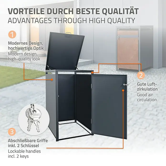 ML-Design Mülltonnenbox Mülltonnencontainer mit Klappdeckel/Tür für 1 Tonne 120 oder 240 Liter - Stahl, Anthrazit, Rot-Braun, Geeignet für Anzahl Mülltonnen: 1 Stk. - Das Bild zeigt einen Mülltonnenbox mit den Vorteilen wie modernes Design, gute Luftzirkulation und abschließbare Griffe.