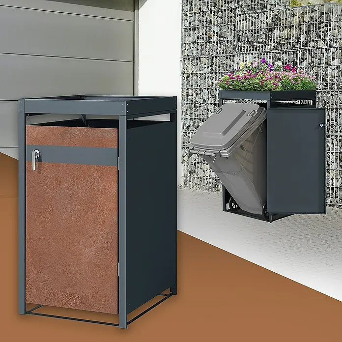 ML-Design Mülltonnenbox für 1 Tonne 240L Anthrazit, Rot-Braun mit Pflanzdach - Stahl, Anthrazit, Rot-Braun, Geeignet für Anzahl Mülltonnen: 1 Stk. - Aufnahme von zwei Mülltonnenboxen mit seitlichen Türen, einer mit einem Topf mit bunten Blumen darauf.