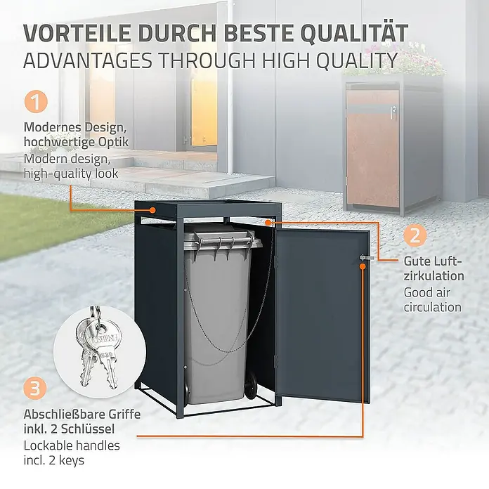 ML-Design Mülltonnenbox für 1 Tonne 240L Anthrazit, Rot-Braun mit Pflanzdach - Stahl, Anthrazit, Rot-Braun, Geeignet für Anzahl Mülltonnen: 1 Stk. - Ein grauer Mülltonnenbox mit Tür, die offen steht, und hervorgehobenen Produktmerkmalen.
