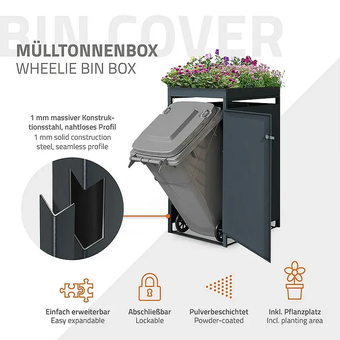 ML-Design Mülltonnenbox für 1 Tonne 240L Anthrazit, Rot-Braun mit Pflanzdach - Stahl, Anthrazit, Rot-Braun, Geeignet für Anzahl Mülltonnen: 1 Stk. - Mülltonnenbox mit Pflanzbereich oben, aus robustem, nahtlosem Stahl gefertigt, erweiterbar und abschließbar, pulverbeschichtet.