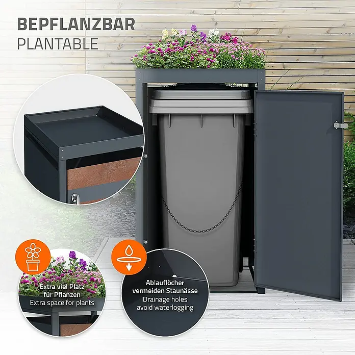 ML-Design Mülltonnenbox für 1 Tonne 240L Anthrazit, Rot-Braun mit Pflanzdach - Stahl, Anthrazit, Rot-Braun, Geeignet für Anzahl Mülltonnen: 1 Stk. - Bild eines bepflanzbaren Mülltonnenverkleidung mit Pflanzkasten. Es ist aus wetterfestem Material gefertigt und bietet Platz für eine Mülltonne.