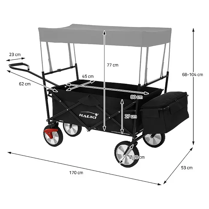 Hauki Bollerwagen Handwagen Transportwagen faltbar klappbar mit Bremse Dach und Tasche - L x B x H: 170 x 53 x 104 cm - Abbildung eines Bollerwagens Hauki mit Abmessungen, ideal für den Transport von Gegenständen im Freien.