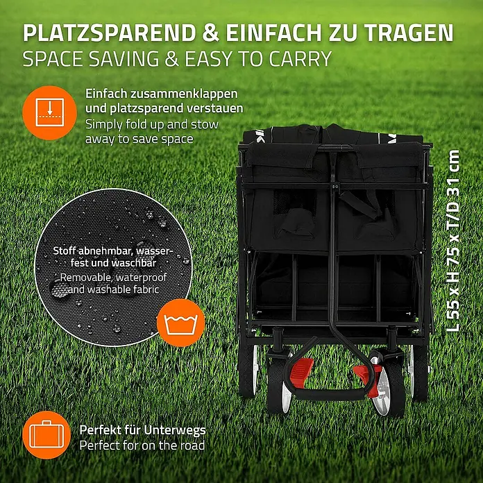 Hauki Bollerwagen - L x B x H: 170 x 53 x 104 cm, Stahl - Abbildung eines platzsparenden, einfach zu tragenden Bollerwagens mit wasserfestem und waschbarem Stoff, ideal für unterwegs.