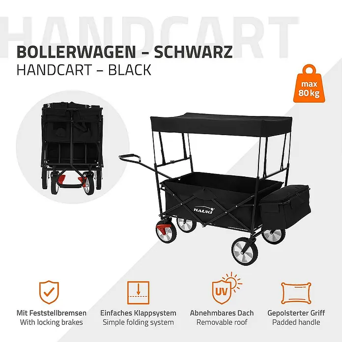 Hauki Bollerwagen - L x B x H: 170 x 53 x 104 cm, Stahl - Schwarzer Bollerwagen mit abnehmbarem Dach, Feststellbremsen und gepolstertem Griff. Zusammenklappbar für einfachen Transport.