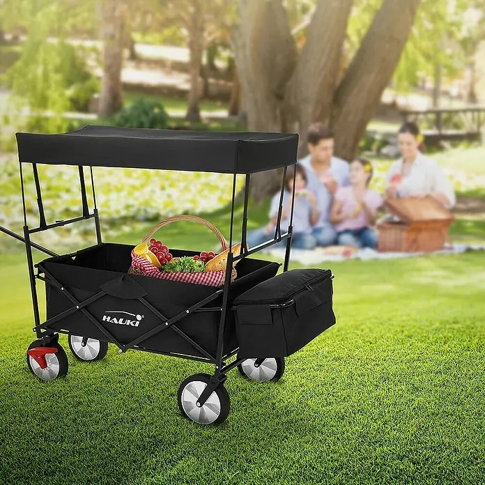 Hauki Bollerwagen - L x B x H: 170 x 53 x 104 cm, Stahl - Dieser Bollerwagen in Schwarz mit Korb ist ideal für Picknicks im Grünen. Der Wagen verfügt über ein Dach und eine Zusatztasche.