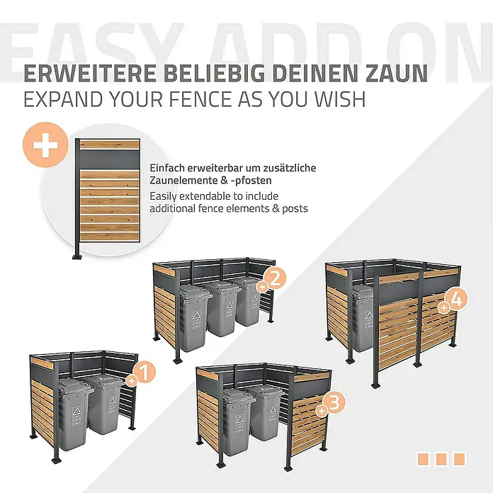 ML-Design Mülltonnenbox Mülltonnenzaun Mülltonnenabtrennung mit 1 Zaunelement, erweiterbar - Stahl, Anthrazit, Braun - Bild einer Sichtschutzwand für Mülltonnen, die beliebig erweiterbar ist.