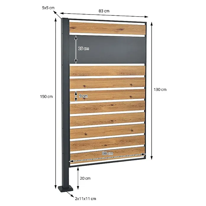 ML-Design Mülltonnenbox Mülltonnenzaun Mülltonnenabtrennung mit 1 Zaunelement, erweiterbar - Stahl, Anthrazit, Braun - Ansicht einer Sichtschutzwand mit Holzpaneelen und Maßen. Ideal für den Garten oder die Terrasse.